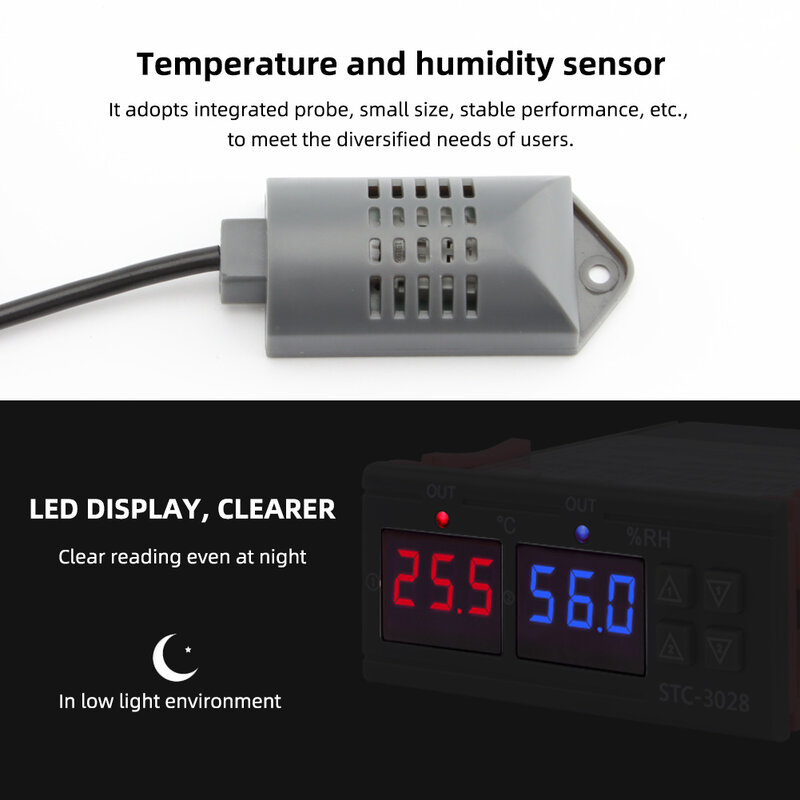 Yieryi 디지털 온도 조절기, 온도 습도 조절 STC-3028 온도계 습도계 컨트롤러, AC 110V 220V DC 12V 24V 10A