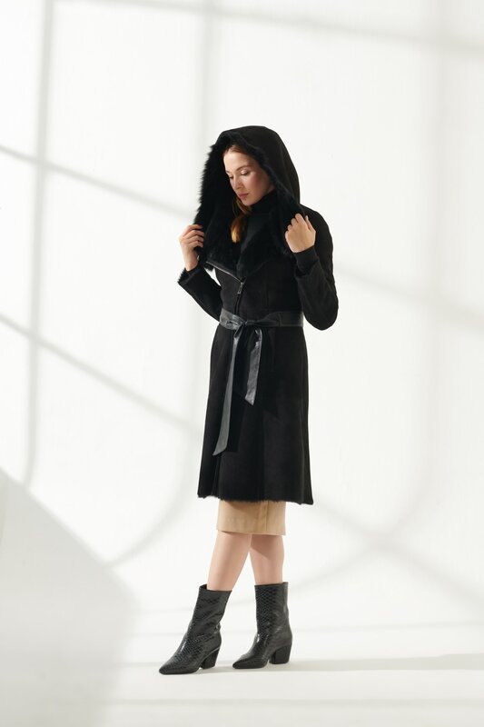 ผู้หญิง Shearling แจ็คเก็ตของแท้ Sheepskin และขนสัตว์ฤดูหนาว Warm Coats ใหม่การออกแบบผลิตภัณฑ์เสื้อผ้าสีดำคลาสสิก