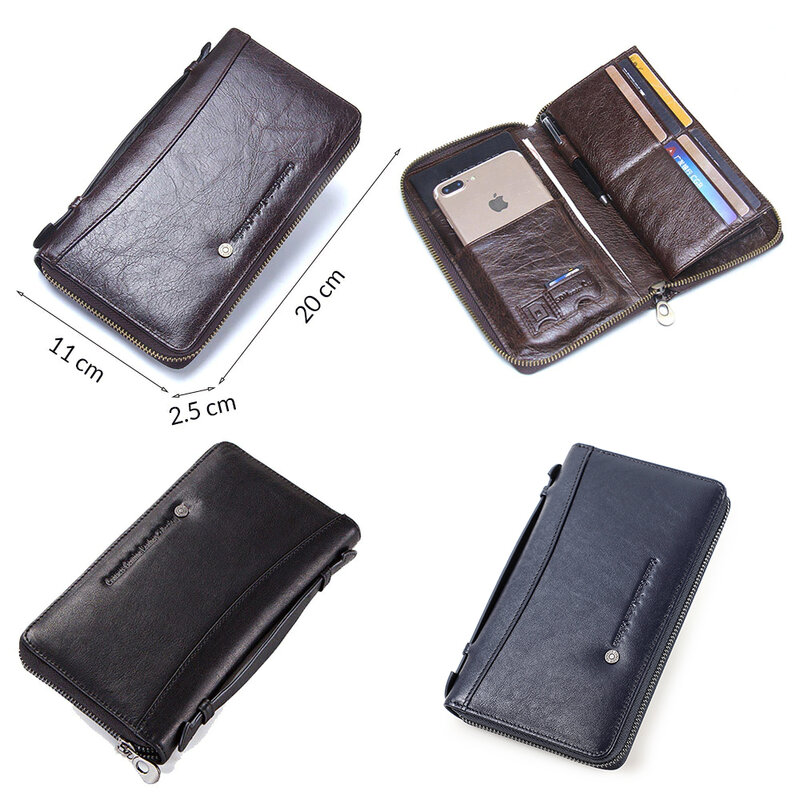 小さな本革のメンズハンドバッグ,パスポートホルダー付きの長いジッパー式カードホルダー,6.5インチの電話ケース