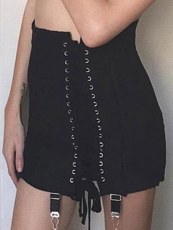 InsDoit-minifalda gótica Y2K Vintage para mujer, falda de cintura alta con ojales y cordones, estilo Punk, Sexy