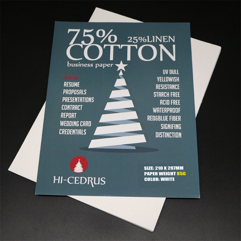 85gsm 75% cotton 25% linen paper A4 210*297mm White color with red&blue visible fiber starch-free waterproof 10 sheets GCYT006