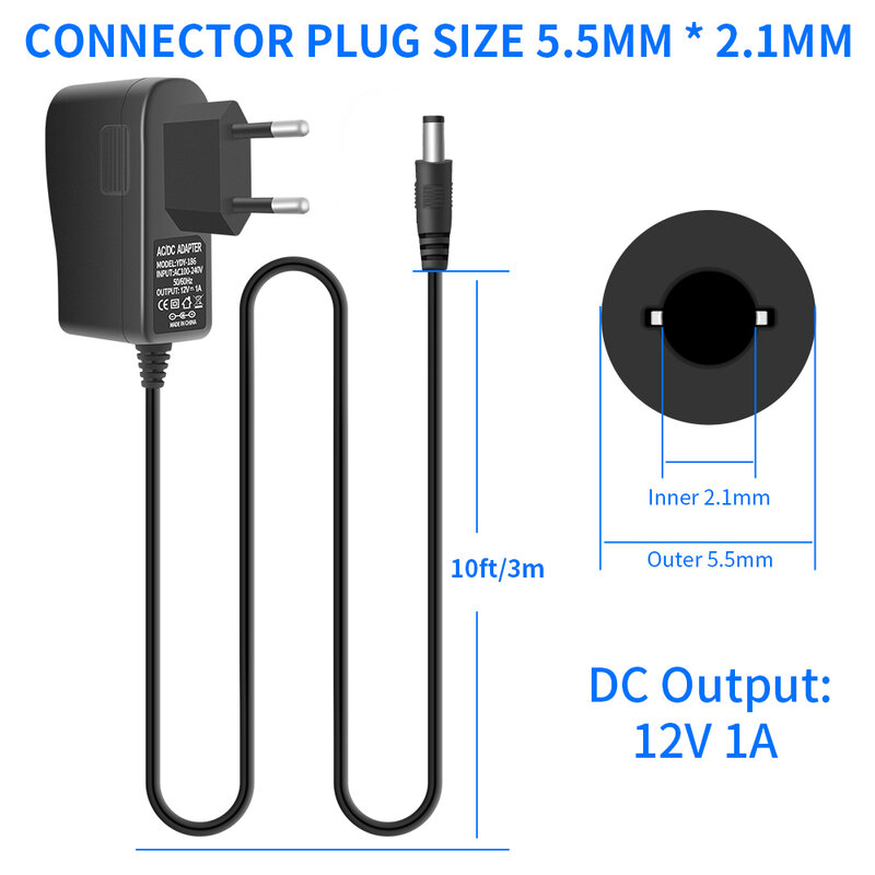 AC100-240V to DC 12V 1A 1000mA 12W Power Adapter 5.5 x 2.1mm Connector size 10 Feet Power Cord Supply for Security Cameras