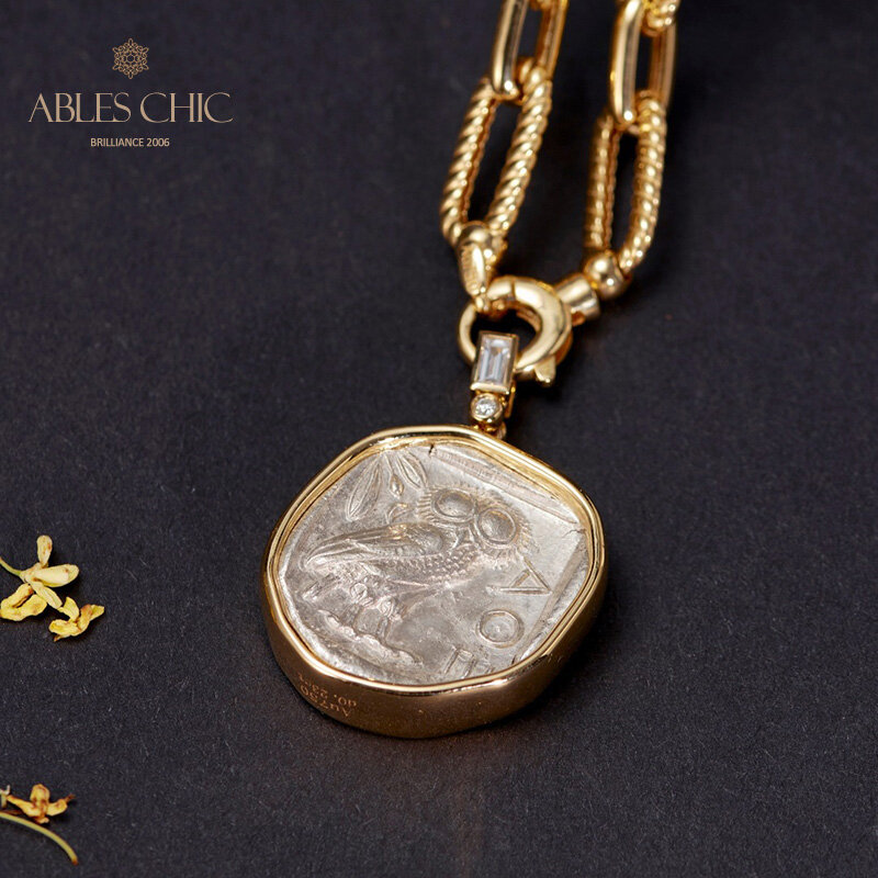 تعليقة ذهبية بيزنطية عيار 18 قيراط ذهبية أصلية بعملة أثينا الماس 0.23ct قطعة أثرية عكسية قلادة ميدالية 46.51 جم