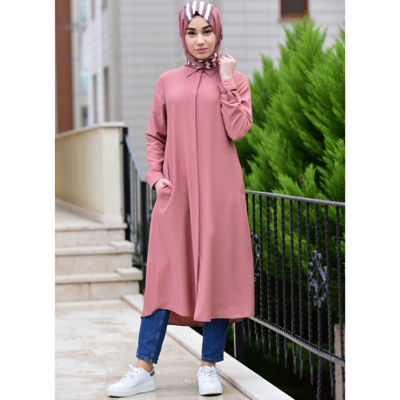 2021 nowy 4 sezony muzułmanki kieszeń wiskoza koszula-tunika kołnierz z długim rękawem turcja Model kryty kobieta Casual Dress