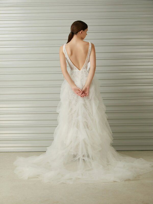 Dreamy Plunging V-neck Lace Appliques High Split Straight Wedding Dress Beautiful RufflesTrain Bridal Gown