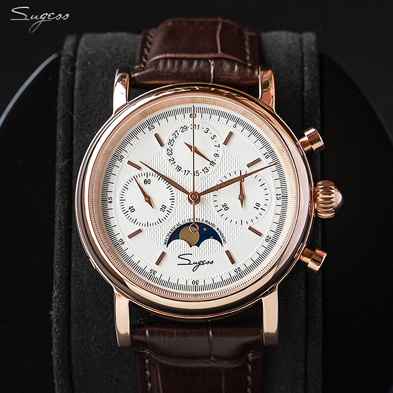Sugess Mechanical Men Watch Original ST1908 Movement Chronograph Vintage Moonphase Genuine Leather Band Waterproof 50ATM  ST19