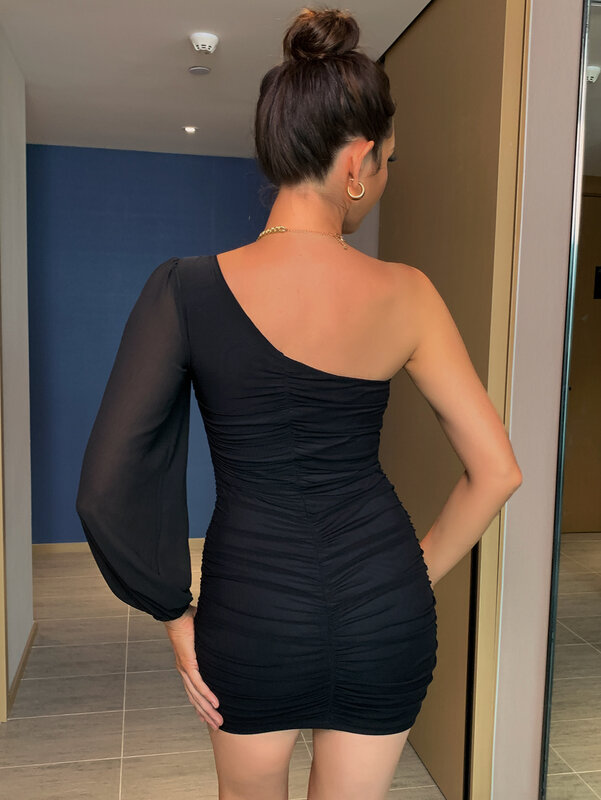 DIWU – robe de soirée élégante pour femmes, asymétrique, épaule dénudée, manches longues, Sexy, lanterne, découpée, moulante, Mini, 2022