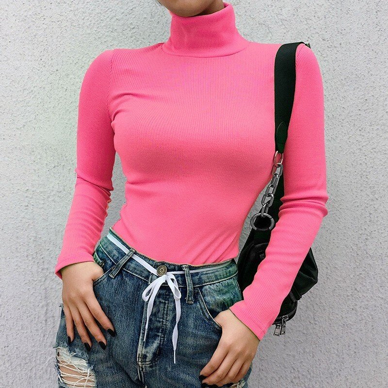 Autumn Winter Long Sleeve Turtleneck Sweater Women Streetwear Solid Knit Sweaters Women Black Pink Cotton Pullovers Femme 2020