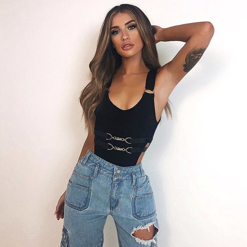 Strappy Backless Black Bodysuits Women Cotton Sleeveless Sexy Bodysuit Women Summer Hollow Out Buckle Tops Woman Harajuku 2020