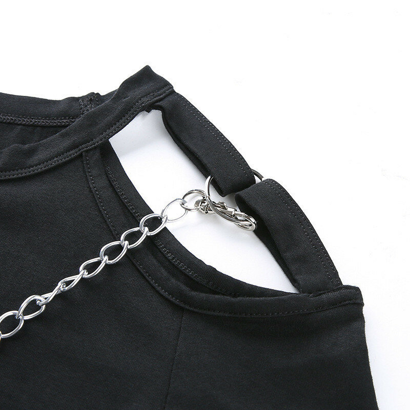Camiseta negra Punk con cadenas para mujer, Tops cortos de algodón de verano calados, camisetas góticas con cuello redondo para mujer, camiseta coreana Harajuku