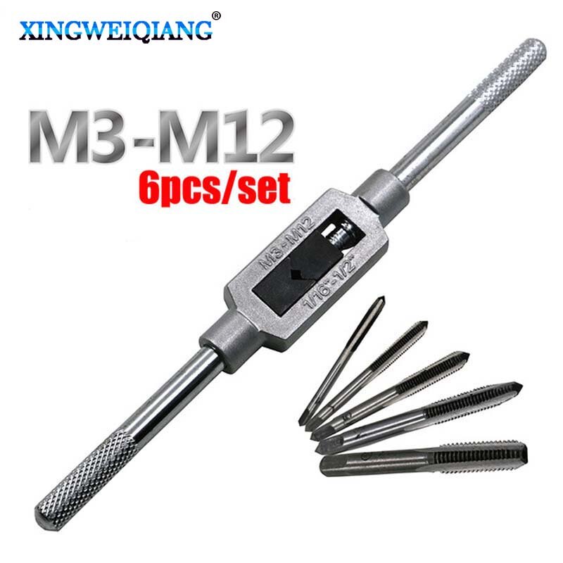 3F Set Tap Plug Metrik Ulir Sekrup Tangan M3 M4 M5 M6 M8 dengan Kunci Pas Tekan Dapat Disesuaikan 1/16-1/4"