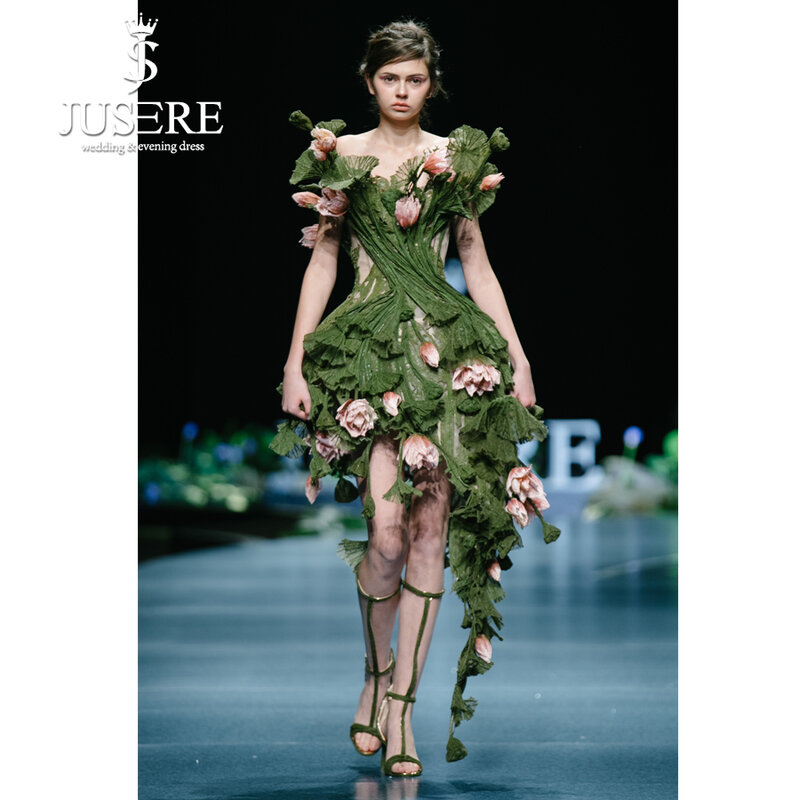 Jumere-vestido de fiesta corto verde, bordado 3D, Flor de Loto, hasta la rodilla, hombros descubiertos, vestidos formales