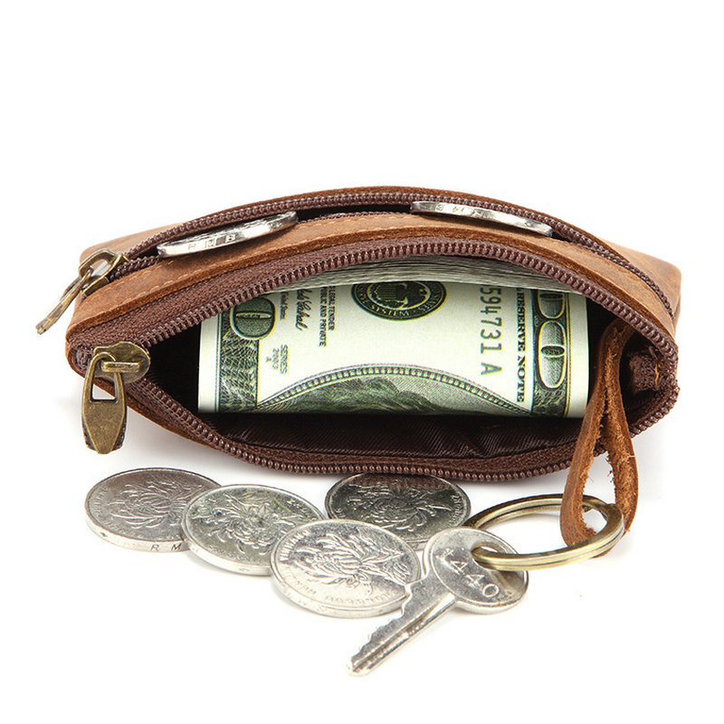 GENODERN-Porta-moedas de couro de cavalo louco vintage, carteira genuína com zíper, porta-chaves retrô, bolsa de dinheiro pequena para homens