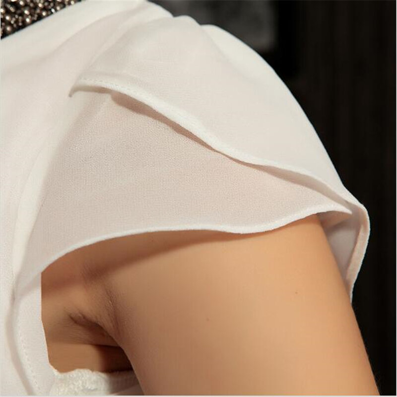 YUIYE terkenal fashion desain wanita kemeja sifon blus lengan pendek putaran leher beaded wanita blouse kemeja Ramping nyaman