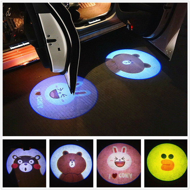 2 pcs 자동차 그림자 문 빛 만화 무선 레이저 프로젝터 로고 미니 쿠퍼에 대 한 led 환영 램프 자동차 스타일링 액세서리
