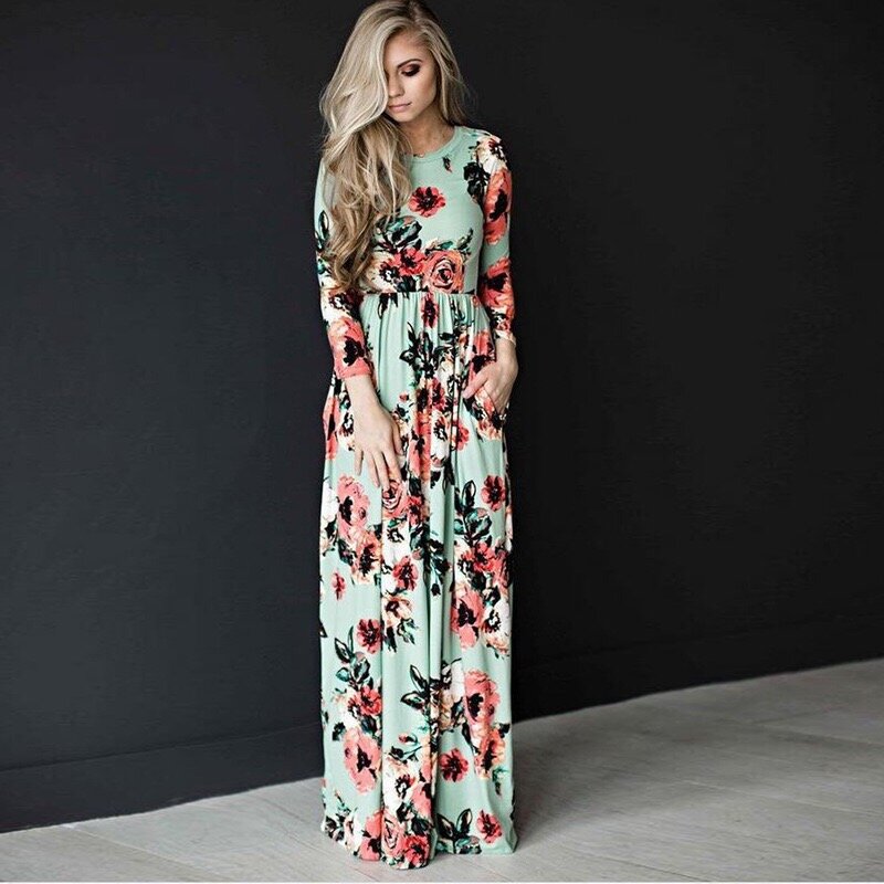 Bohemian Women dress Autumn winter dress Plus Size Long Sleeve O-Neck Cotton and Linen Maxi Dress Ankle-Length casual dress 