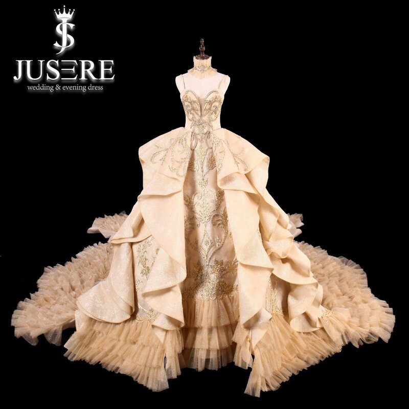 Jusere Vàng Sang Trọng Áo Cưới Dây Hở Lưng Nhà Thờ Chính Tòa/Hoàng Gia Đào Tạo Cô Dâu Bóng Đồ BẦU ĐẦM Công Chúa Đầm Vestido De Noiva