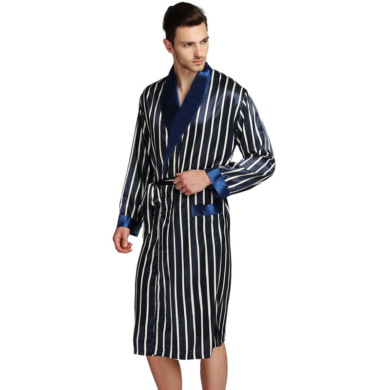 Pijama de cetim masculino, pijama de cetim de seda para homens, roupão, robe, camisola, s, m, l, xl, 2xl, 3xl plus, azul bege, listrado