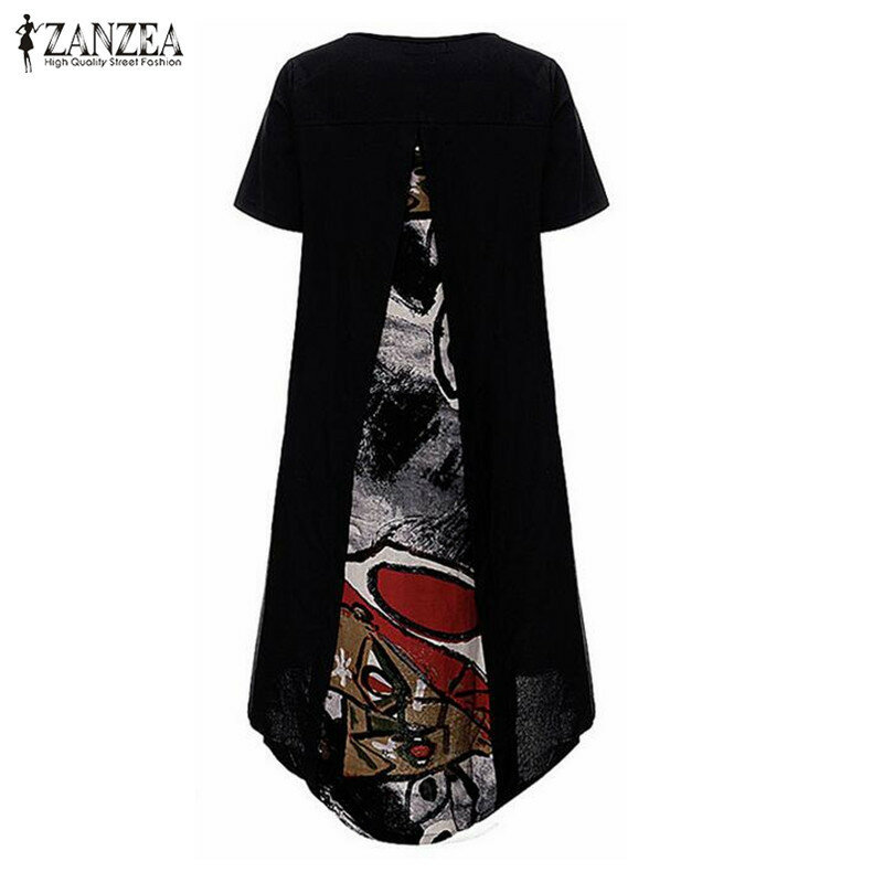 ZANZEA-vestido estampado Vintage para mujer, ropa informal holgada con cuello redondo, manga corta, dobladillo Irregular, verano 2023