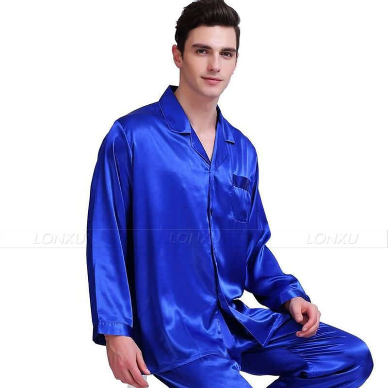 Męska jedwabna satynowa piżama zestaw zestaw piżam bielizna nocna Loungewear S ~ 4XL