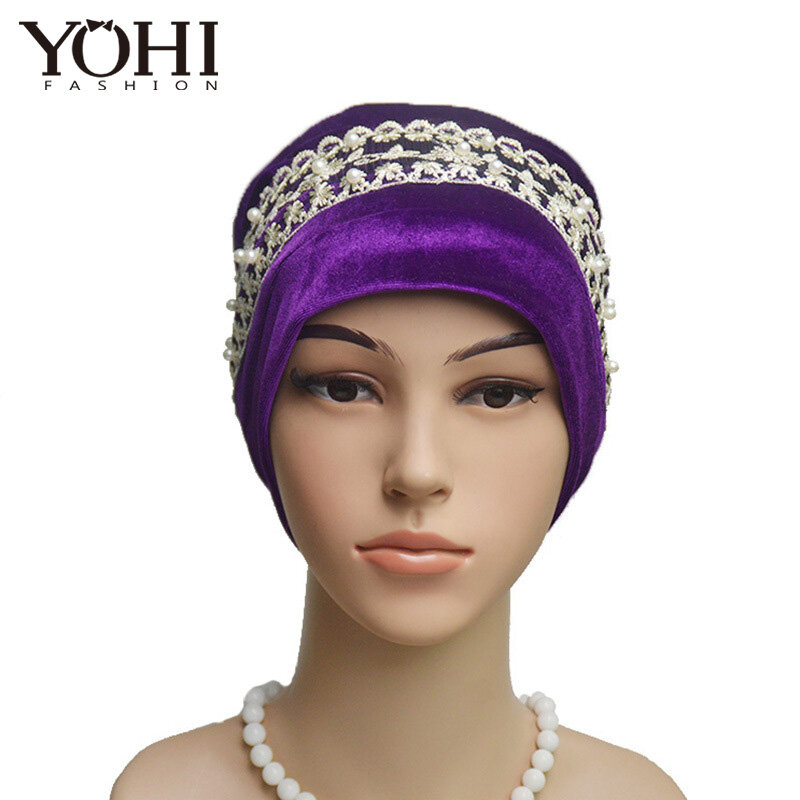 Новинка 2018, модная бархатная кружевная шляпа Baotou с жемчугом, женская шляпа для церкви, Женский хиджаб, тюрбан