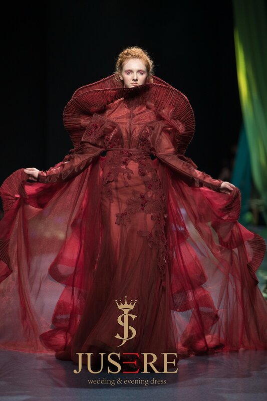 Женское вечернее платье до пола JUSERE, бордовое длинное платье с высоким воротником, кружевной аппликацией и вышивкой цветами