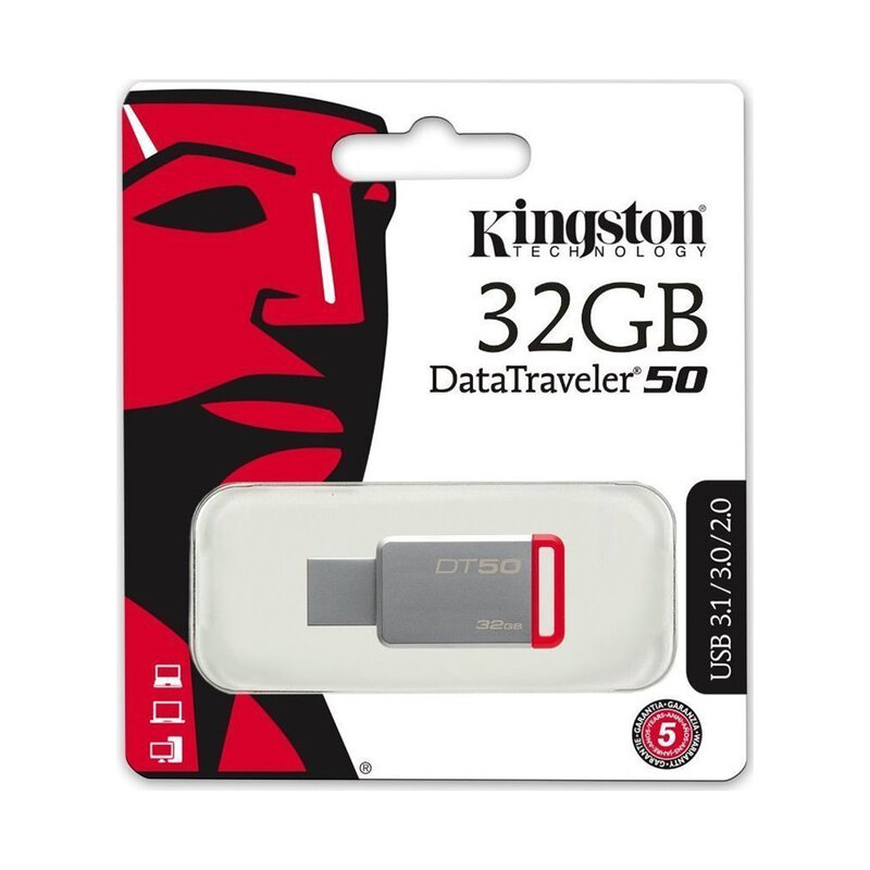 Kingston DataTraveler DT50/32GB - Memoria (USB 3.0 DE 32 GB, USB Type-A, Tipo Llave) Color Plata y Rojo