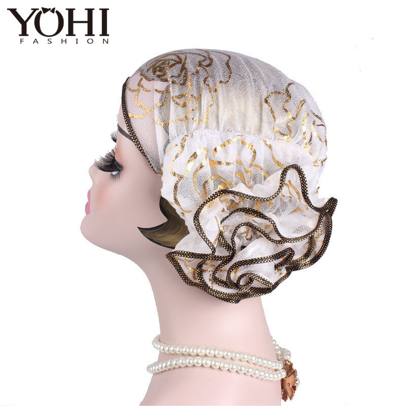 2018 gorąca sprzedaż kobiety elegancki król kwiat elastyczna siatka Turban czepek dla osób po chemioterapii czapka głowy owinąć głowę muzułmańska chusta