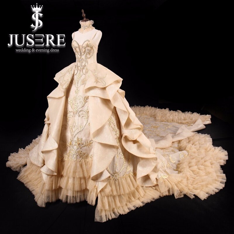 JUSERE Luxe Gouden Trouwjurk Strapless Backless Kathedraal/Koninklijke Trein Bridal Baljurken Prinses Jurken Vestido de noiva