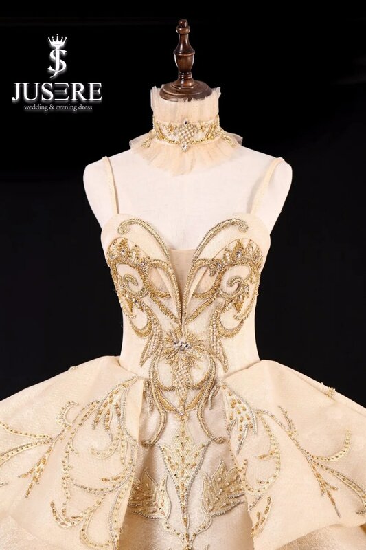 JUSSoutheast-Robe de Mariée Luxueuse Dorée Sans Bretelles et Dos aux, Tenue de Princesse avec Traîne Royale ou Cathédrale