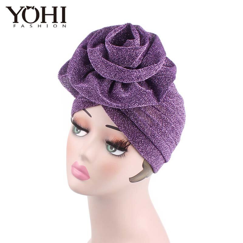 2018 New Fashion muslim hat with flower Beanie caps Shiny Shimmer Glitter Sparkly Turban Hats Hijab cap for women
