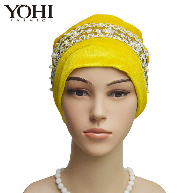2018 New Fashion  velvet lace pearl head hat Baotou  Ladies Hat Church Cap Women Hijab turbante