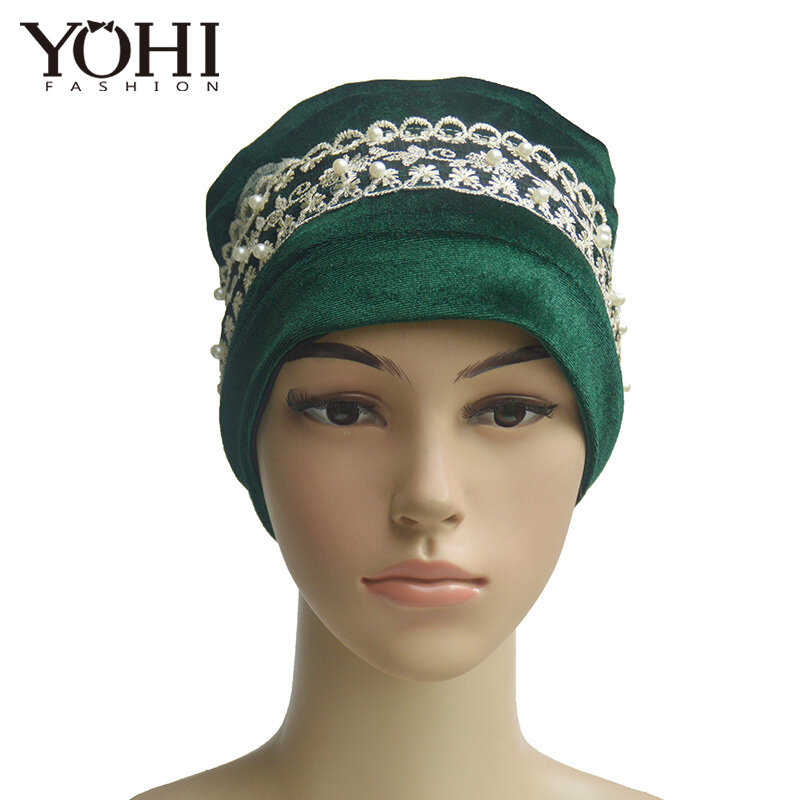 2018 nowych moda aksamitne koronki perła czapka Baotou panie kapelusz kościół czapka kobiety hidżab turbante