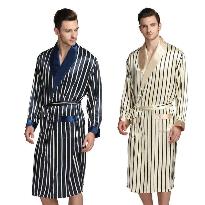 Mens Zijde Satijn Pyjama Pyjama Pyjama PJS Nachtkleding Robe Robes Nachtjapon Gewaden SML XL 2XL 3XL Plus Beige blauw Gestreepte