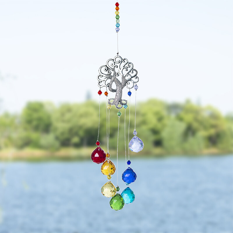 H & D-atrapasueños de cristal, bolas de colores de Chakra, Prisma, árbol de la vida, colgante para ventana, atrapasueños de arcoíris, decoración navideña para el hogar