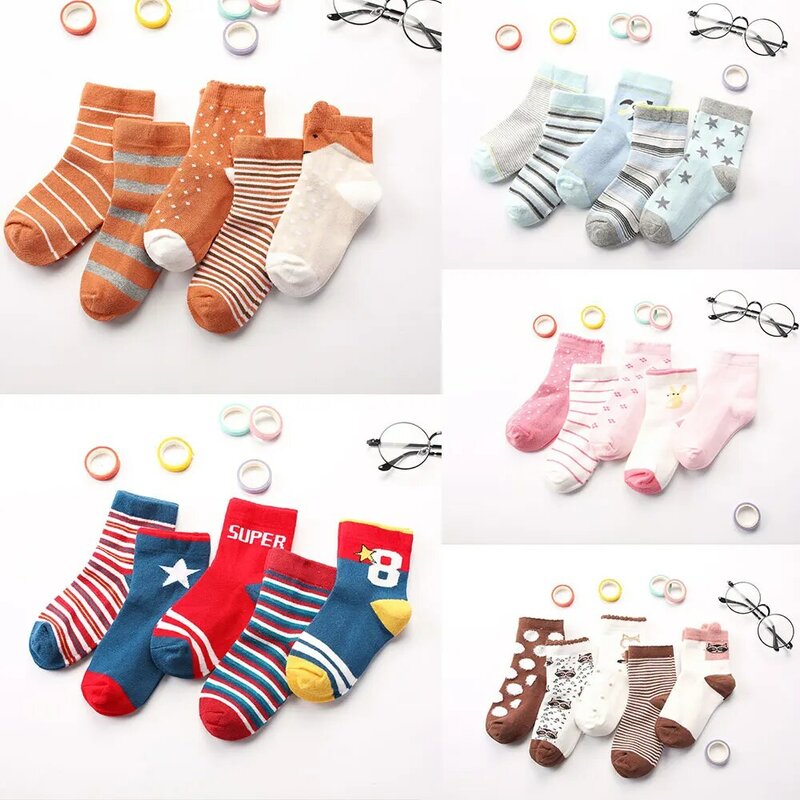 5Pair Unisex Kids Children Baby Warm Soft Cotton Cartoon Stripe Socks Newborn Floor Socks Striped Grid Fashion Warm Socks