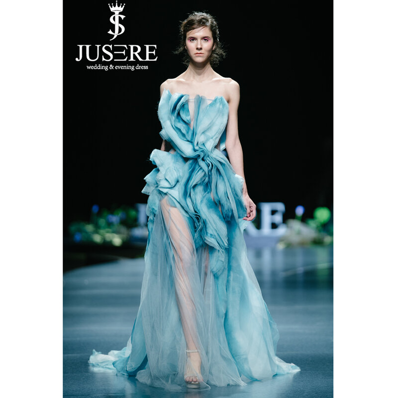 JUSERE FASHION SHOW Ombre niebieska długa suknia balowa bez ramiączek przepuszczalność podłogi długość jedwabne sukienki Vestido de festa longo