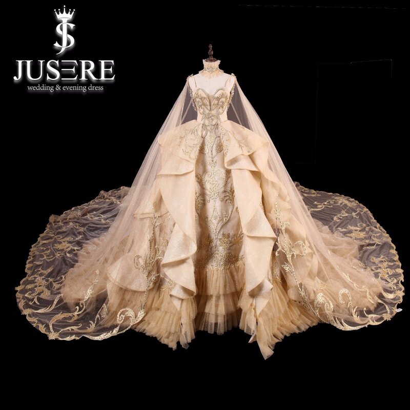 JUSSoutheast-Robe de Mariée Luxueuse Dorée Sans Bretelles et Dos aux, Tenue de Princesse avec Traîne Royale ou Cathédrale