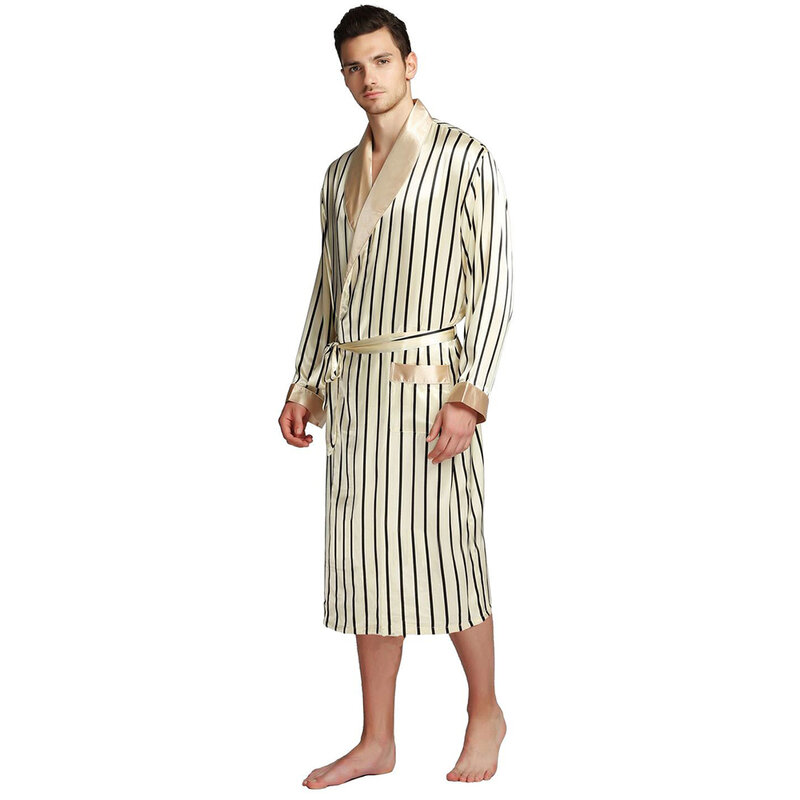 Mens Zijde Satijn Pyjama Pyjama Pyjama PJS Nachtkleding Robe Robes Nachtjapon Gewaden SML XL 2XL 3XL Plus Beige blauw Gestreepte