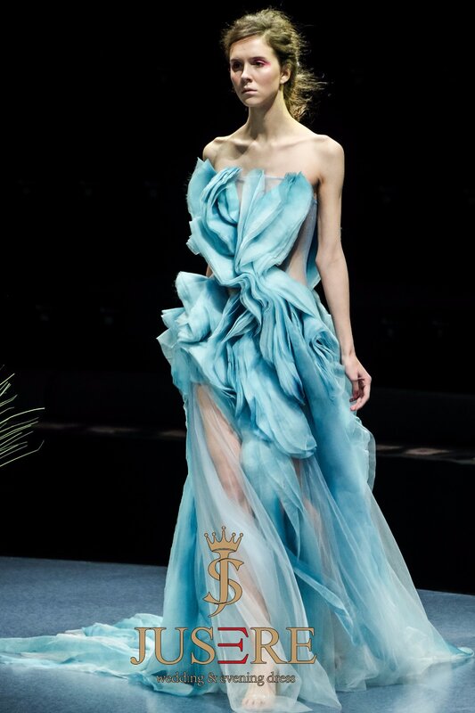 JUSERE FASHION SHOW Ombre niebieska długa suknia balowa bez ramiączek przepuszczalność podłogi długość jedwabne sukienki Vestido de festa longo