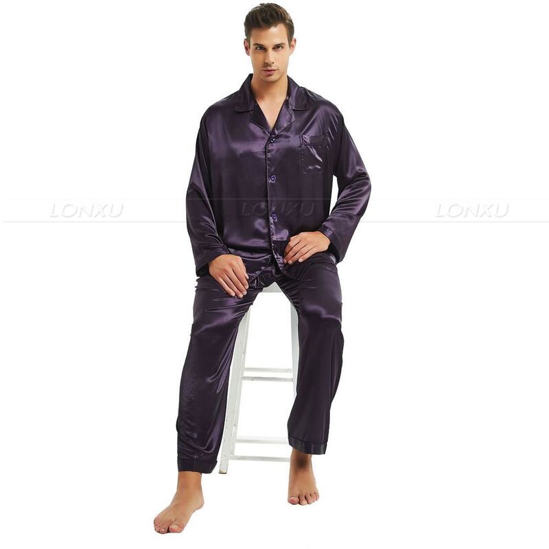Męska jedwabna satynowa piżama zestaw zestaw piżam bielizna nocna Loungewear S ~ 4XL