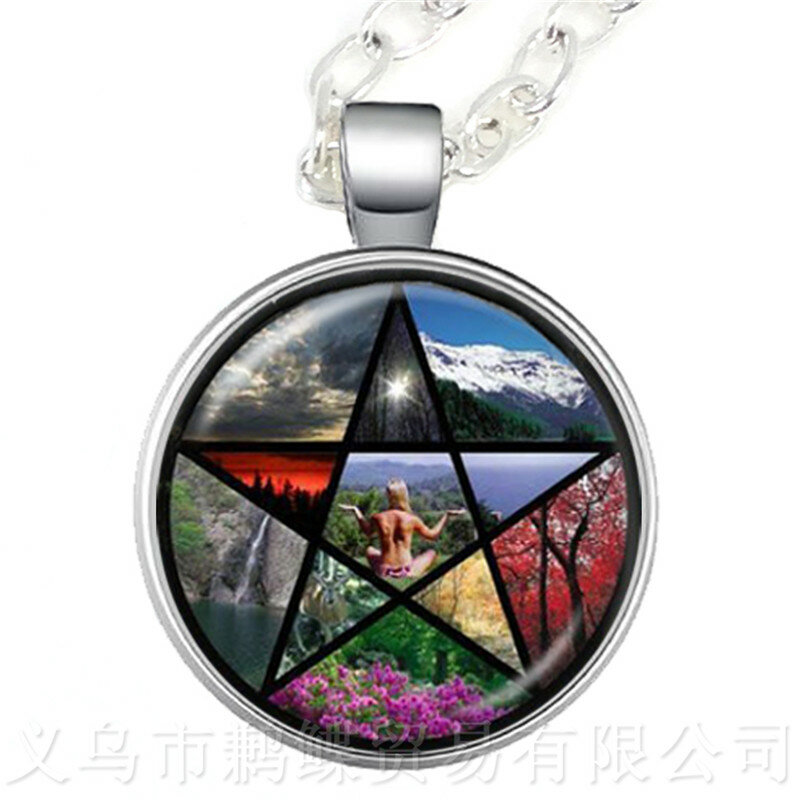 Supernatural Wickedest Pentacle Satanic Necklace Glass Cabochon Goth Pendant Sweaterchain Wiccan Star Gift For Pray for happines