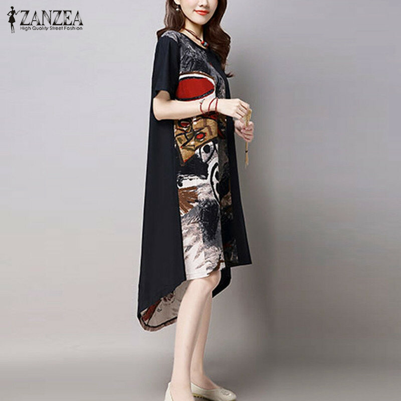 ZANZEA – robe Vintage imprimée pour femmes, décontractée, ample, col rond, manches courtes, ourlet irrégulier, été, 2022