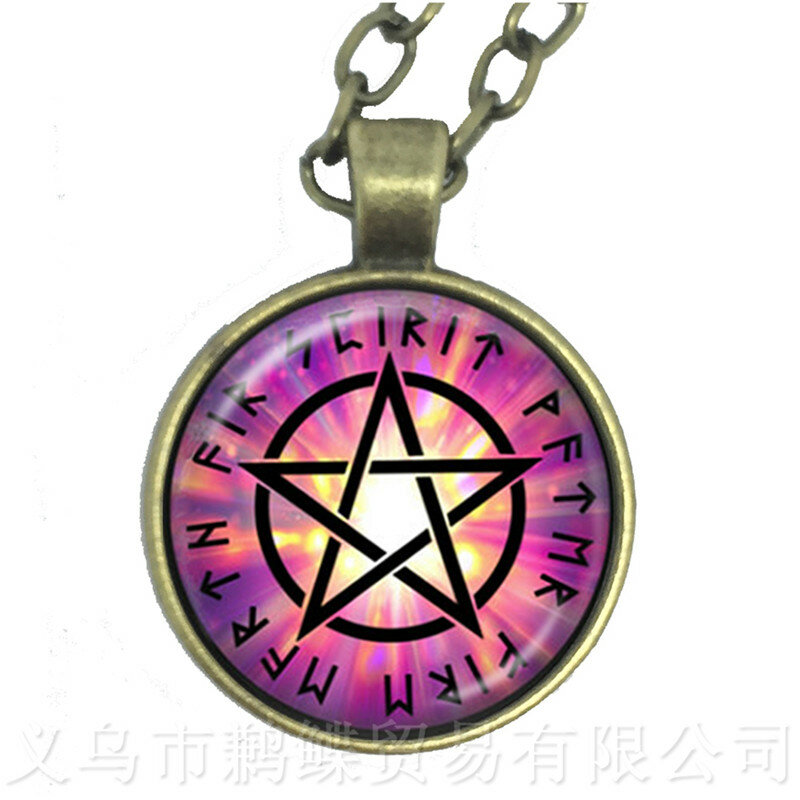 Supernatural Wickedest Pentacle Satanic Necklace Glass Cabochon Goth Pendant Sweaterchain Wiccan Star Gift For Pray for happines