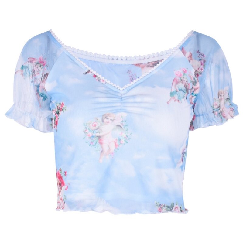 半袖ビーチセクシーな夏の作物topエンジェルプリント弾性ファッションメッシュカジュアルスリムプリーツvネックの女性のtシャツ