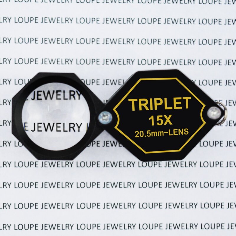 15X kaca pembesar perhiasan pembesar 20.5mm tiga lensa bingkai hitam logam (Aluminium) tubuh dan desain heksagonal