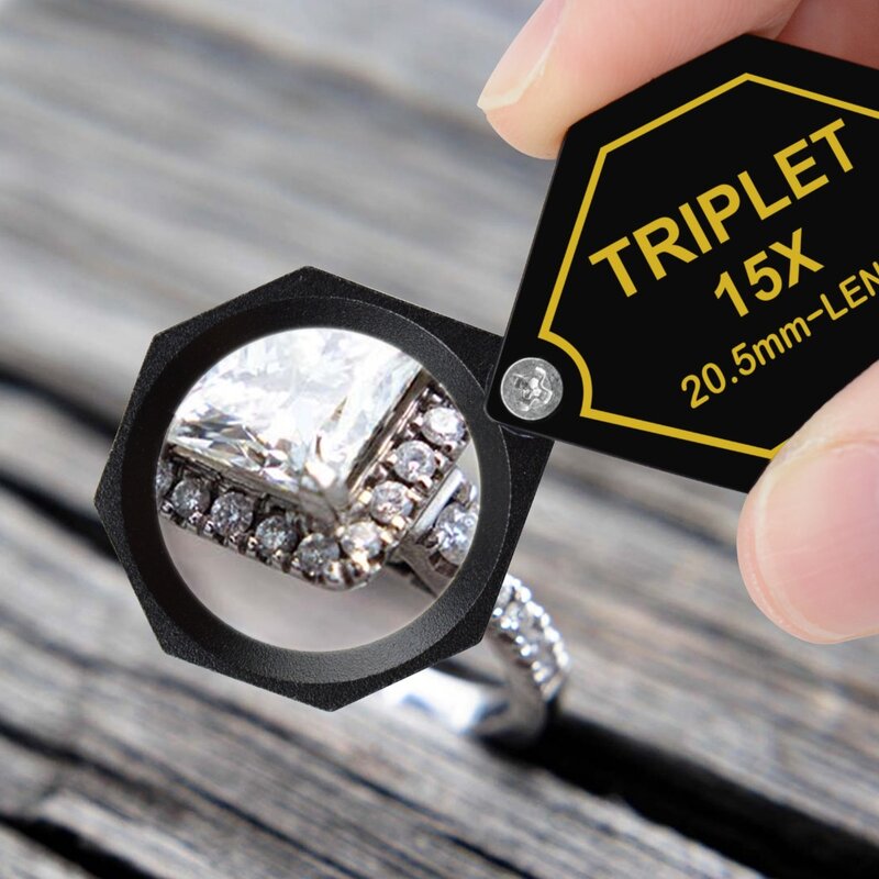 15X kaca pembesar perhiasan pembesar 20.5mm tiga lensa bingkai hitam logam (Aluminium) tubuh dan desain heksagonal