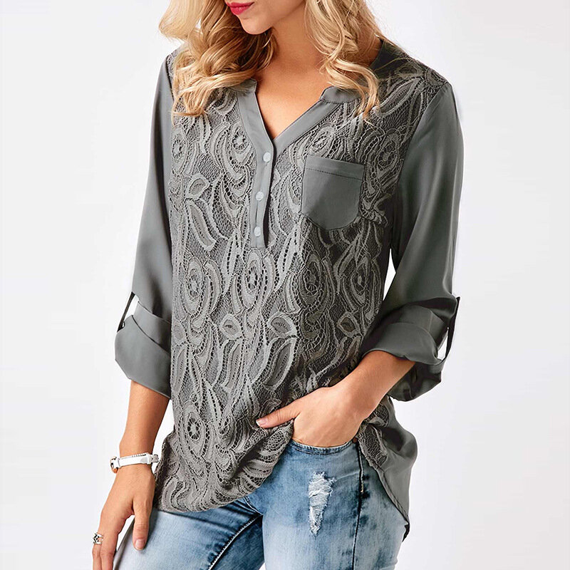 Camisetas e camisas das mulheres 2018 rendas costura vestido de chiffon com decote em v cor personalizada sexy longo-sleeved camisa verão H656
