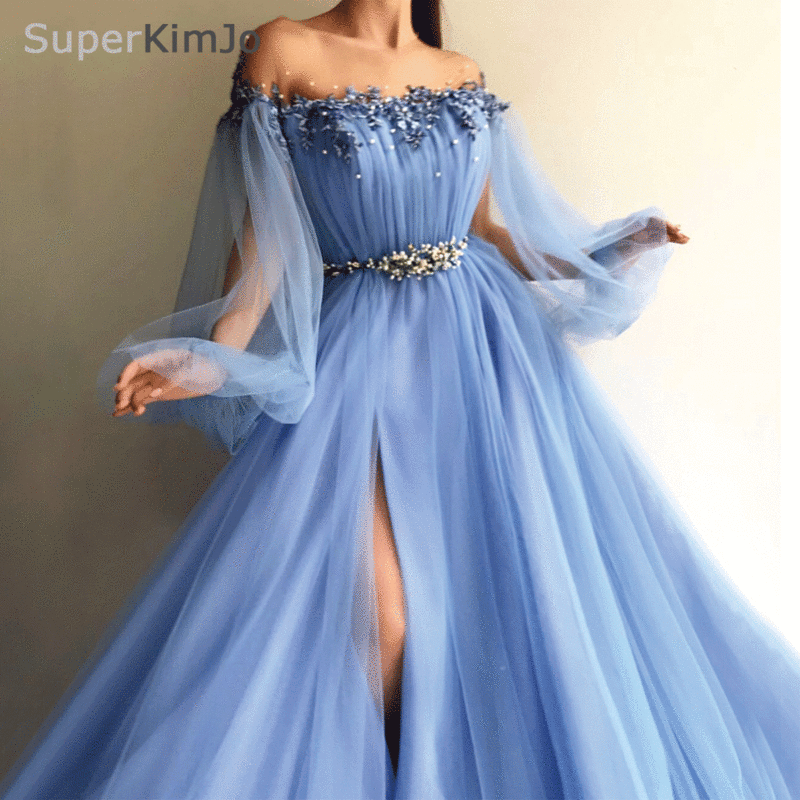 SuperKimJo Long Sleeve Beaded Prom Dresses 2022 Arabic Style Blue Tulle Applique Prom Gown with Side Slit 2023 Robe De Soiree