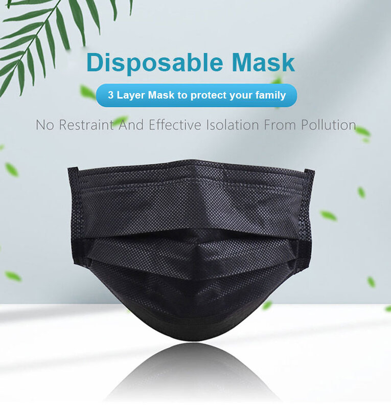 50 máscaras descartáveis pretas do filtro não tecido máscara da boca da máscara de 3 camadas máscara facial máscaras seguras do filtro